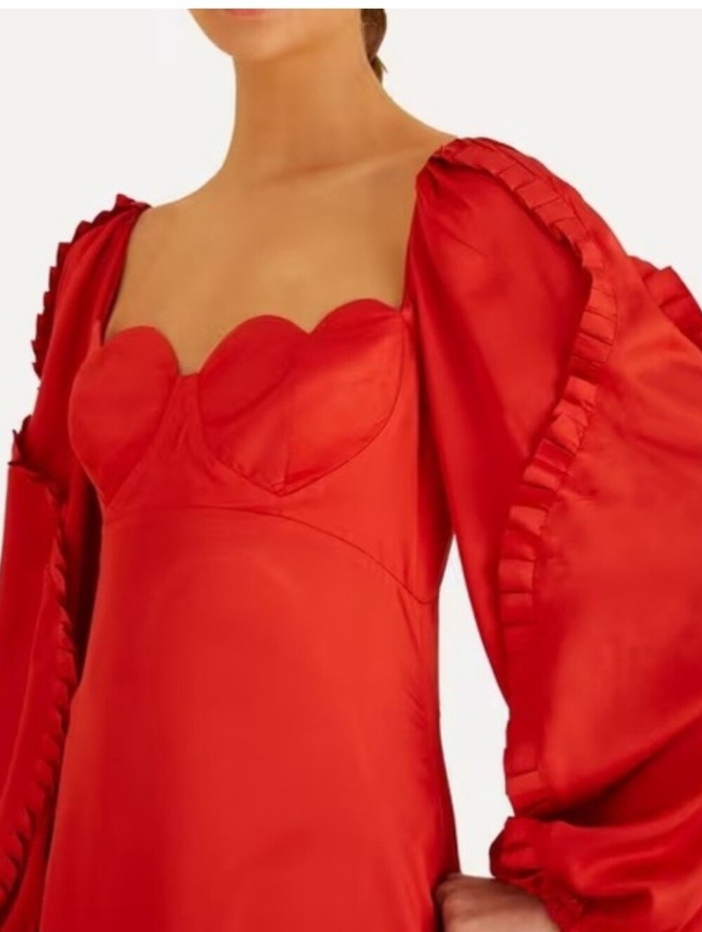NWT Farm Rio Red Satin Scallop Bust Puff Sleeve Midi Dress